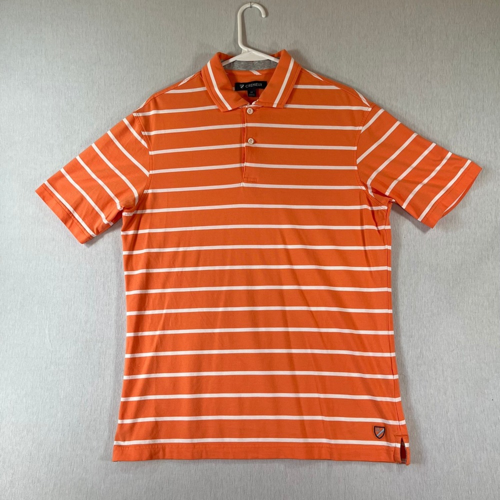 Cremieux Polo Men M Orange White Striped Short Sleeve Shirt Cotton Blend Preppy